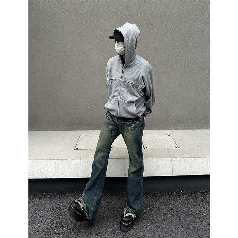 美式ins高街hiphop暗黑重工艺水洗暗黑微喇牛仔裤货号K2407P65图片
