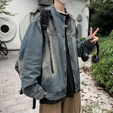 美式复古牛仔外套秋季潮牌宽松水洗做旧上衣痞帅休闲立领夹克，男装夹克，星座601-2