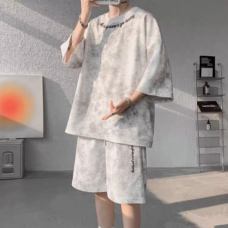美式高街扎染套装男生痞帅设计感刺绣t恤夏季潮牌大码短袖短裤男,男装休闲套装,星座1210-1