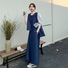 高级感撞色上衣半身裙套装女2025夏季新款韩版宽松显瘦气质两件套，女装套装/套裙，维壹