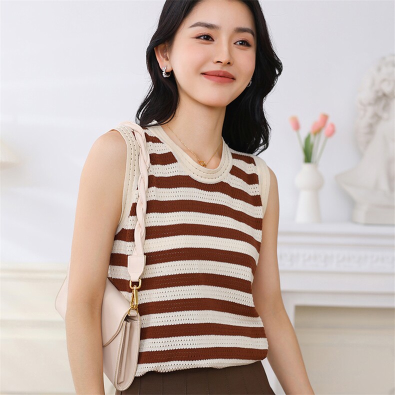 纯棉背心女低圆领条纹针织衫夏季新款无袖吊带打底衫宽松上衣，女装背心吊带，伊绒腾羊绒