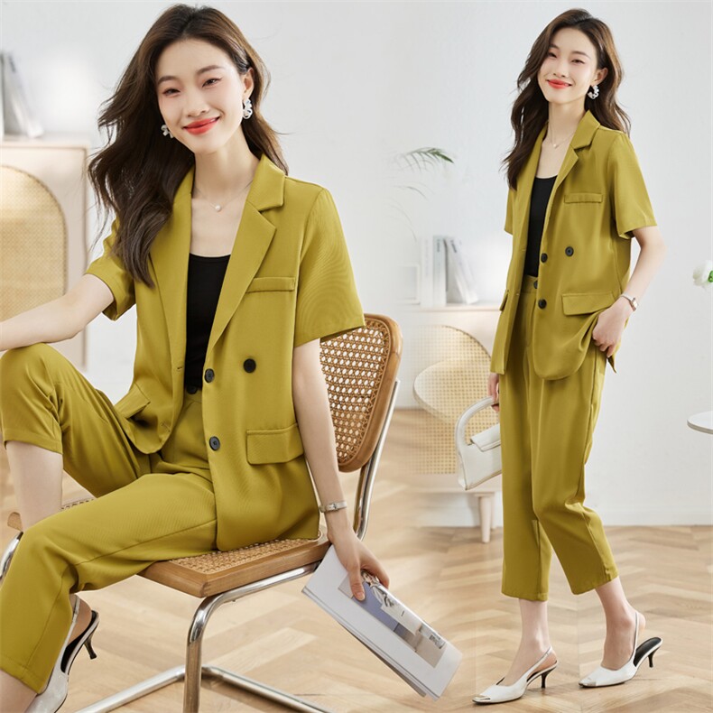 时尚西装套装女2025年夏季新款显瘦气质绿色西服两件套潮,女装套装/套裙,采品优优