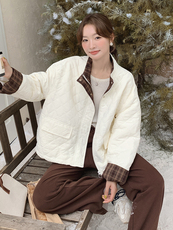 米白色撞色菱格保暖棉服外套2c309-872-p175-k258，女装棉衣/棉服，2C309