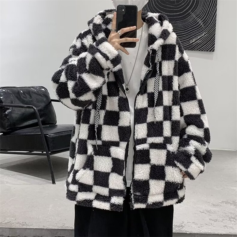棋盘格羊羔绒连帽棉衣外套棉服宽松休闲冬季百搭棉袄 W5891-P52图片