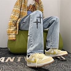 牛仔裤男秋季潮牌美式复古高街hiphop裤子宽松阔腿拖地裤N060-P48，男装牛仔裤，星座1008