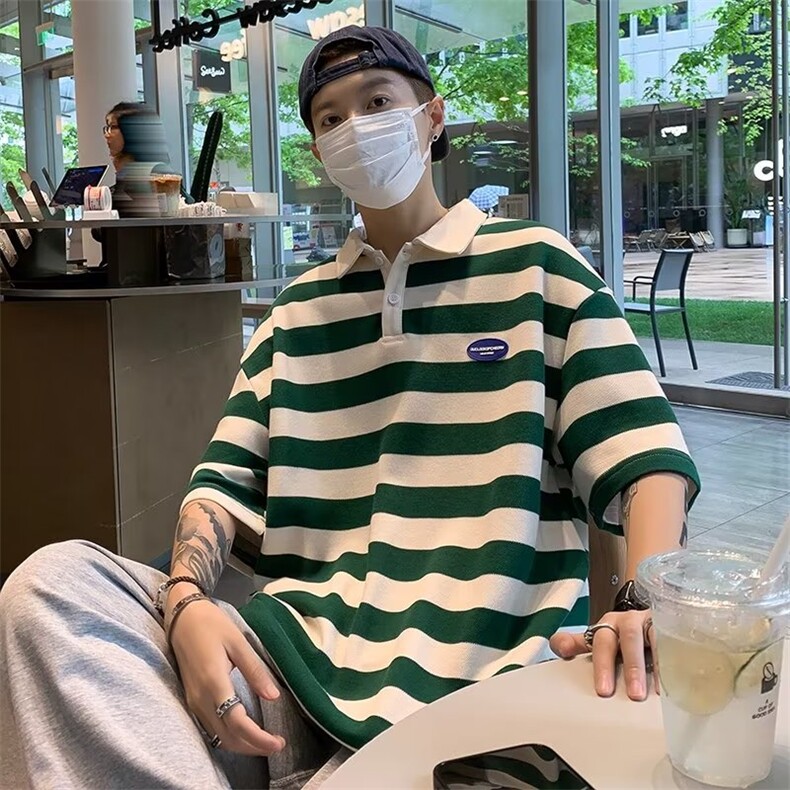 条纹文艺日常日系潮流标准夏季男五分袖青春流行POLO衫T399P33，男装Polo衫，星座1116-2