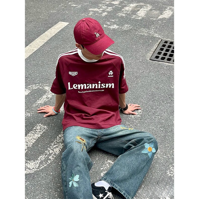 抖音得物供货240克宽松纯棉美式潮牌印花三杠半织带短袖T恤AT1601图片