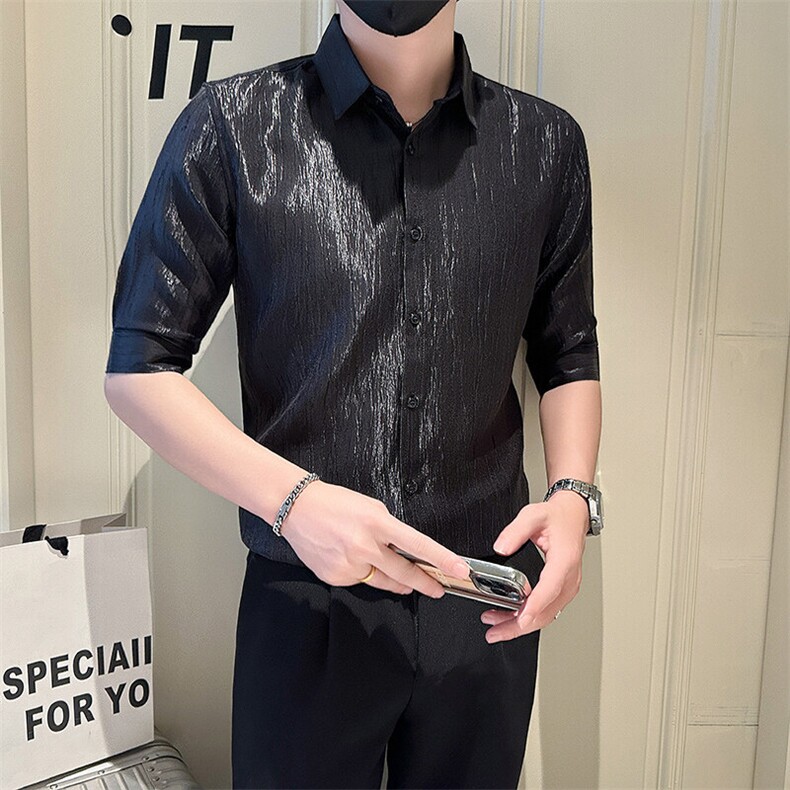 店主风社会小伙男士纯色七分袖衬衫男简约款上衣301A-1/CS560/P55,男装衬衫,星座301A-1