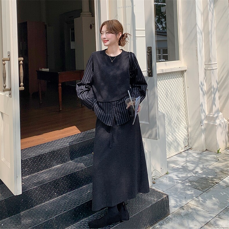 韩系慵懒气质套装裙女收腰显瘦条纹拼接上衣2025新款半身裙两件套，女装套装/套裙，浙宝301