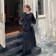 韩系慵懒气质套装裙女收腰显瘦条纹拼接上衣2025新款半身裙两件套，女装套装/套裙，浙宝301