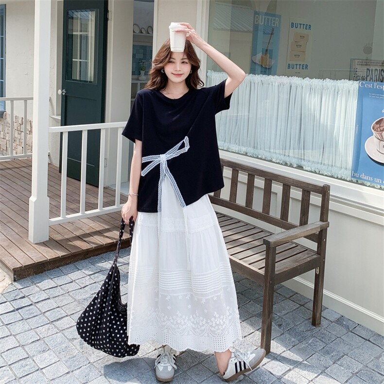 韩系穿搭一整套女2025夏季新款时尚气质蝴蝶结短袖上衣半身裙套装图片