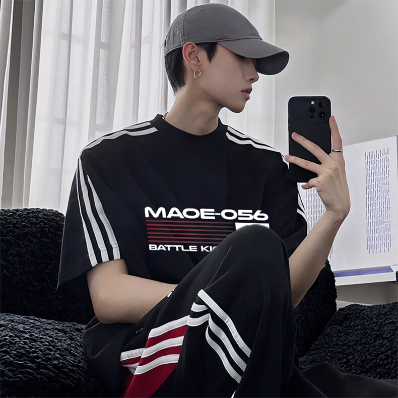 抖音得物高品质二开240克宽松纯棉美式潮牌三条杠织带短袖T恤，男装T恤，电商A486-1