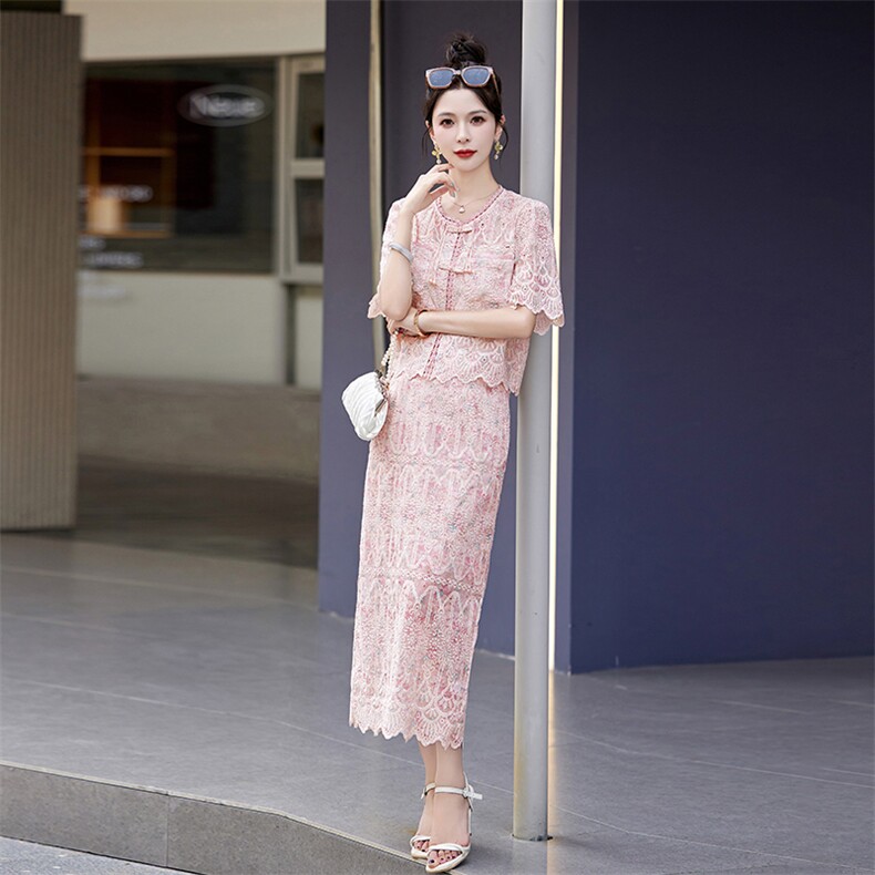 镂空蕾丝小香风两件套连衣裙女2024夏季新款名媛气质高级感套装裙,女装套装/套裙,雅佳俏