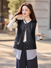 现货新款秋新款韩版时尚宽松休闲女今年流行拼接百搭PU炸街马甲，女装马甲，韩美纤衣