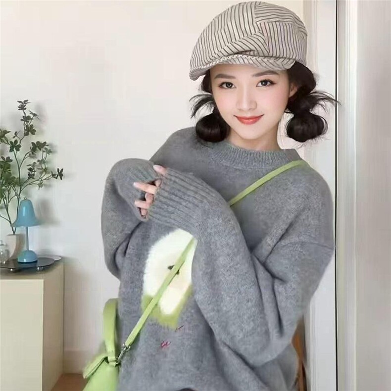 韩系秋冬穿搭卡通提花毛衣女灰色慵懒风外穿高级感圆领针织上衣潮,男装针织衫/毛衣,星座1210-1