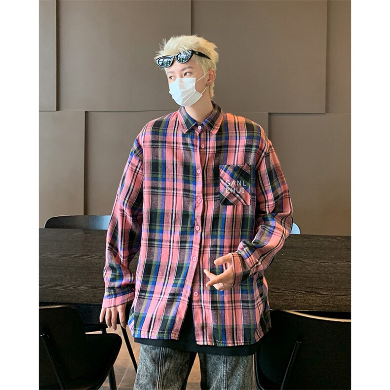 格子衬衫男女长袖港风潮流字母帅气宽松2024秋季ins外套CY989-P32图片