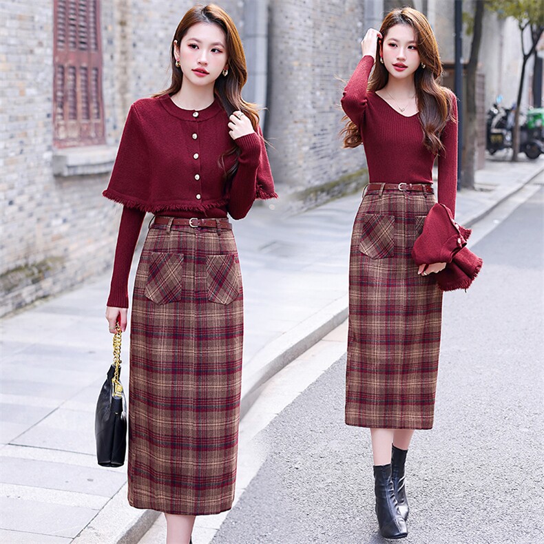 秋冬装2026新款女时尚潮流气质优雅针织上衣打底格子半身裙三件套，女装套装/套裙，艾贝斯