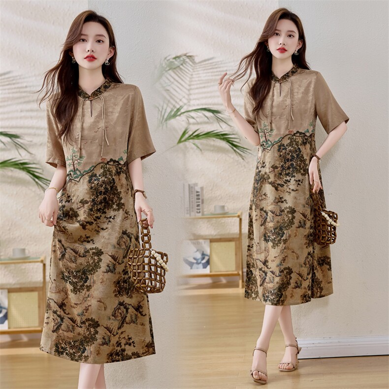2024夏季新款立领一粒扣刺绣印花短袖丝缎民族风拼接连衣裙966，女装连衣裙，缘衣格
