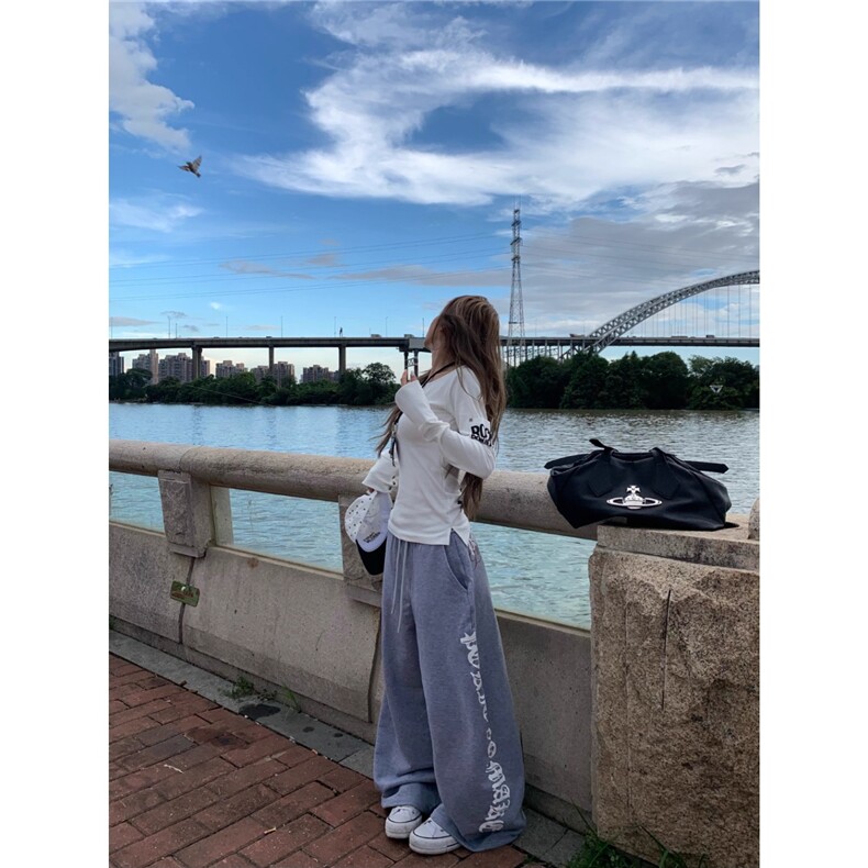 美式复古渐变做旧字母阔腿弯刀卫裤男女宽松休闲拖地长裤,男装休闲裤,四季星座505
