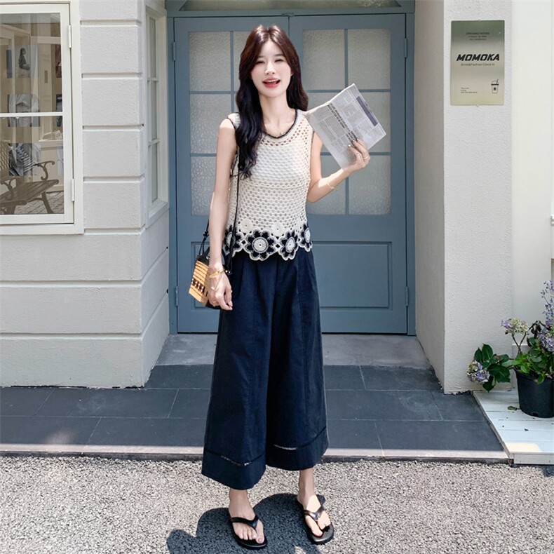 法式高级感时尚镂空背心套装裙女2025夏季气质显瘦阔腿裤两件套潮,女装套装/套裙,2C135