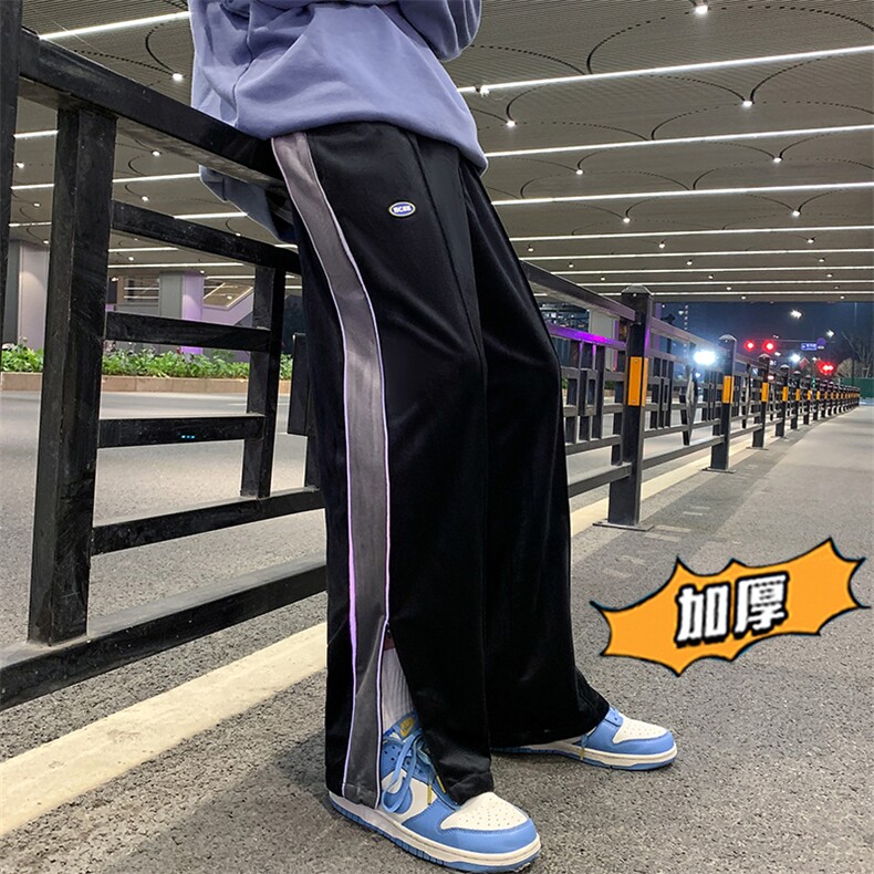 2025春夏新款丝绒发开衩拼接直筒裤休闲裤黑GK67-P55,男装休闲裤,电商B277A（原A068）