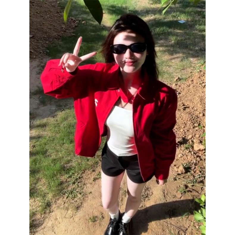 美式覆古红色棒球服外套女春秋2025新款巨好看早秋季开衫夹克上衣,男装夹克,星座1210-1