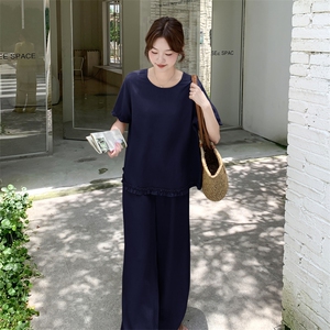 韩版木耳边短袖阔腿裤套装女2025年夏季新款休闲百搭松弛感两件套图片