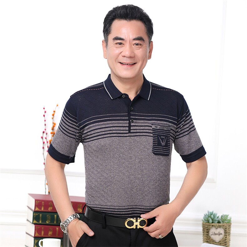 2025新款夏季爸爸装真口袋短袖t恤中老年男装翻领休闲冰丝POLO衫,男装T恤,星座1109