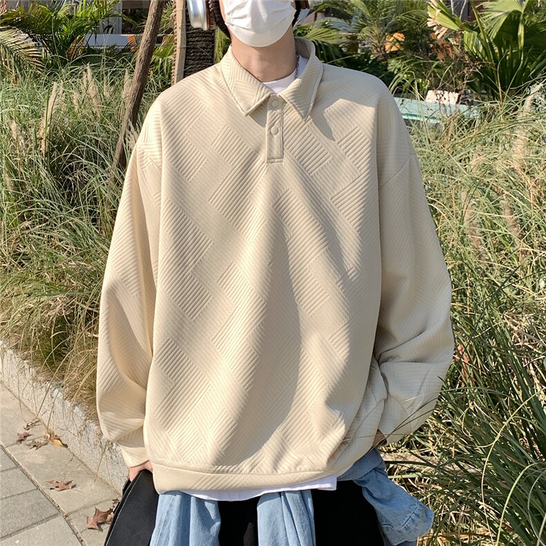 2026春秋翻领亨利领提花POLO衫痞帅卫衣外套W56682/特P25杏,男装Polo衫,电商A094