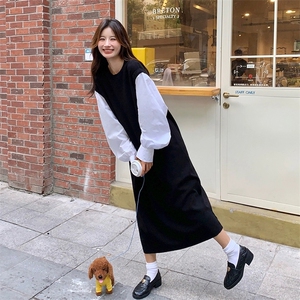 宽松慵懒大码胖mm遮肉显瘦长裙假两件衬衫针织连衣裙女秋图片
