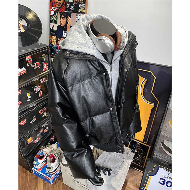 405A美式高街个性连帽设计假两件pu皮棉服MY24920-P158控188,男装棉衣,星座405A