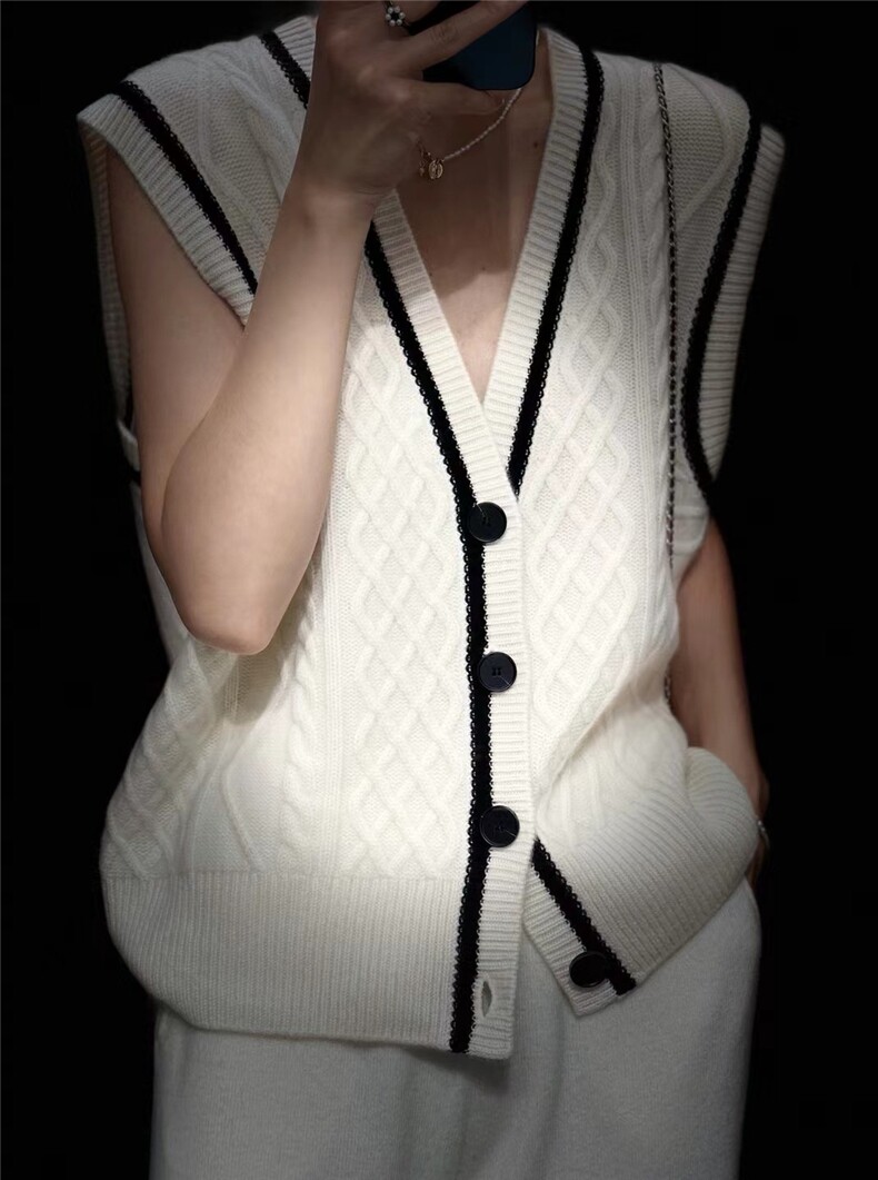 女士秋季新款简约百搭拼色扭花坎肩开衫无袖,针织衫/毛衣,悦玛羊绒