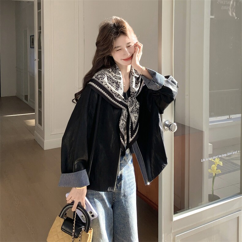 有货黑色皮衣带丝巾2C198-6831-P165K268,女装短外套,2C198