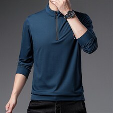 2023新款中年长袖T恤男春秋季纯色刺绣立领休闲宽松POLO衫上衣服，男装T恤，电商B212（原钱塘6029）