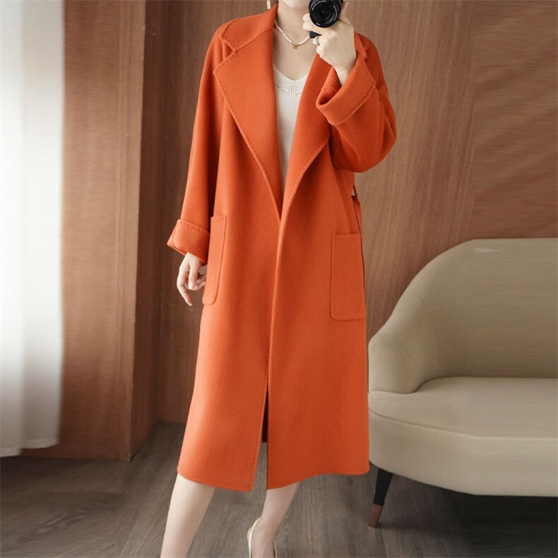 时尚慵懒风保暖大衣女长款简约气质外套，女装双面呢大衣，乾庄羊绒