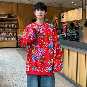 B203圆领大花卫衣大码男女新中式汉服团队表演出舞蹈花衣服高质量图片