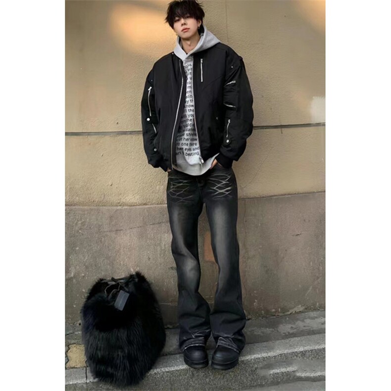 美式ins高街hiphop重工艺水洗暗黑微喇牛仔裤货号K2401P60图片