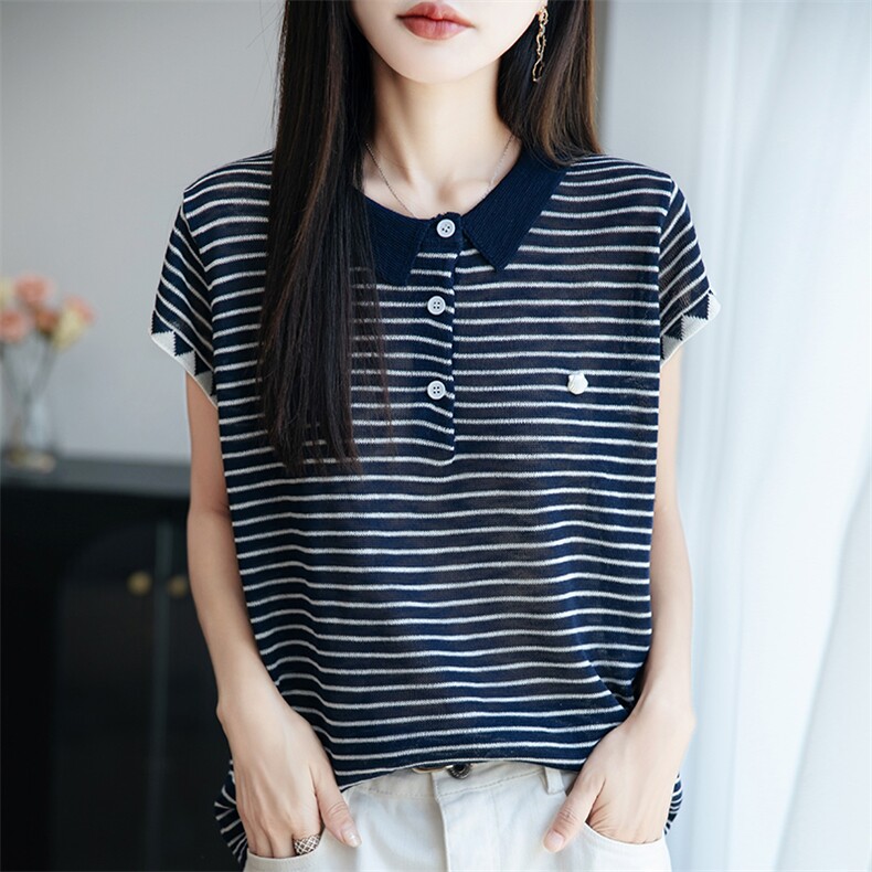 竹节麻翻领短袖针织衫女t恤夏季新款简约时尚洋气减龄Polo衫上衣,针织衫/毛衣,菲奥羊绒