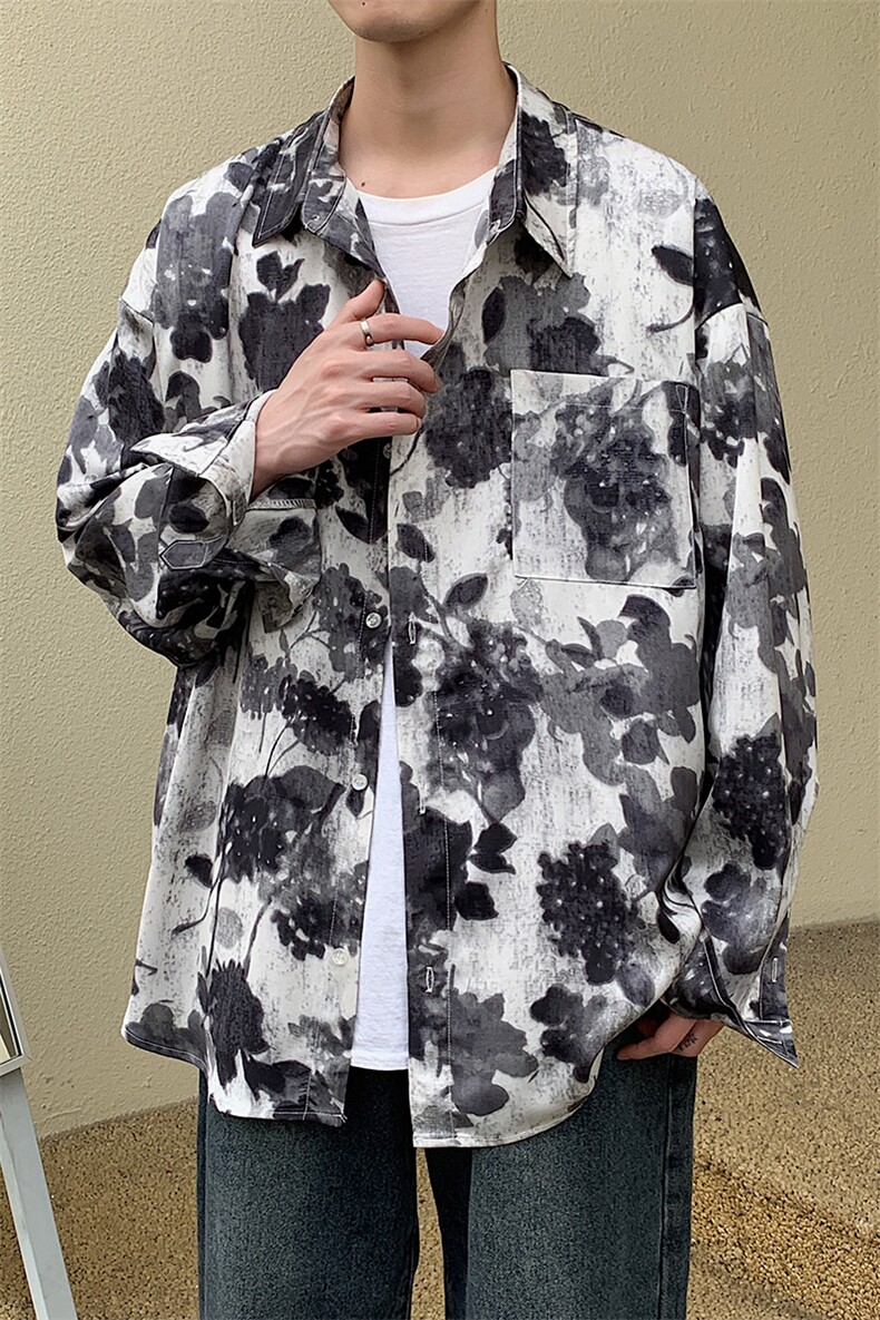 风水墨画高级感上衣男式衬衣复古树叶衬衣男装春225-2-CS705,男装衬衫,星座225-2