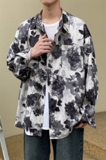 风水墨画高级感上衣男式衬衣复古树叶衬衣男装春225-2-CS705，男装衬衫，星座225-2