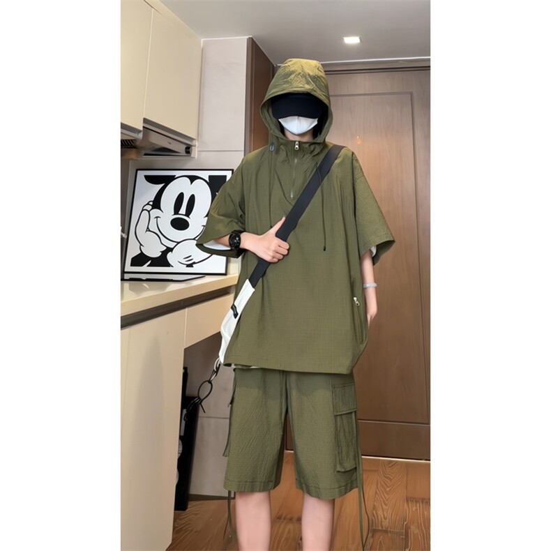 量大优供视频泡泡纱夏款连帽套装短袖短裤男CP74TZ-特p60，男装休闲套装，电商B371
