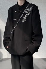 新中式刺绣西服外套大码风立领金属扣垫肩夹克中山装LX001特P85，男装夹克，电商B215