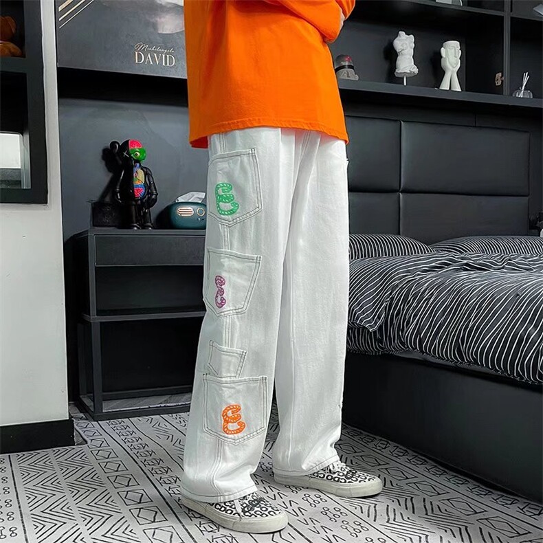 高街牛仔裤潮阔腿多口袋工装裤子男女宽松直筒休闲长裤AM215P50,男装牛仔裤,星座1013-5