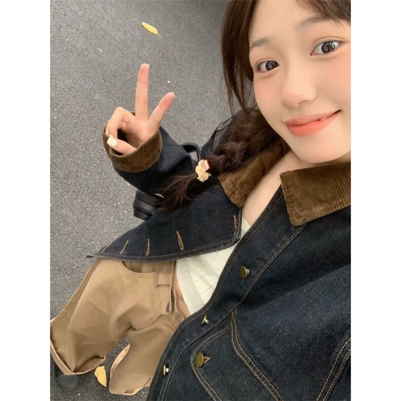 美式复古高街牛仔外套男女春秋季潮牌翻领宽松夹克上衣图片