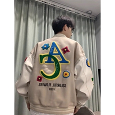 杏色毛呢拼接皮衣外套休闲彩虹碎花刺绣棒球服JK295特P50，男装皮衣，星座908-1