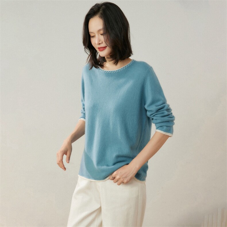 2025年秋季长袖通勤女士撞色圆领羊绒衫,女装羊绒衫,贝美羊绒