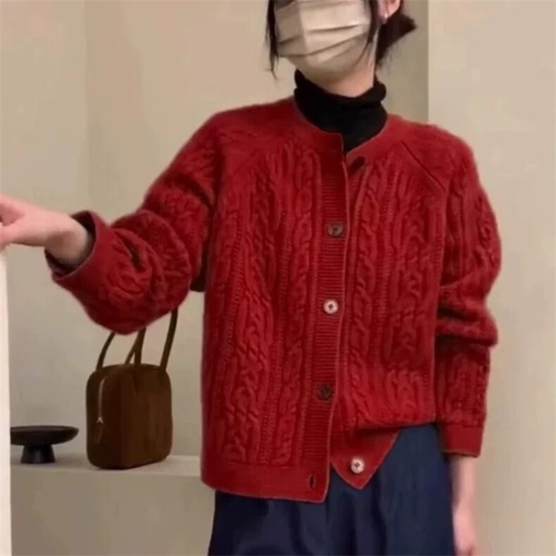 2025年秋季新款百搭女士圆领麻花提花长袖开衫,针织衫/毛衣,朝辰羊绒