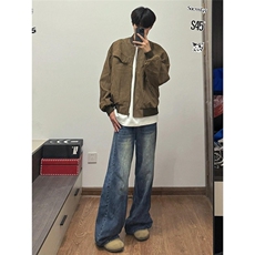 美拉德棕色短款工装外套男秋冬夹棉潮牌棒球服美式复古哈灵顿夹克，男装夹克，星座813-2