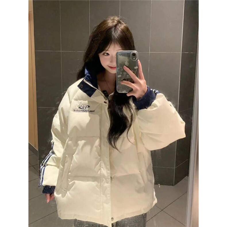 高级感拼接三杠立领棉服女冬季新款条纹宽松百搭学生棒球服外套女图片
