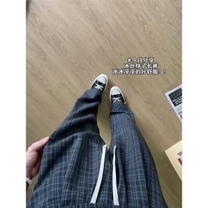 XK468-P35灰色格子裤男夏季薄款慵懒松弛感美式休闲阔腿直筒裤图片